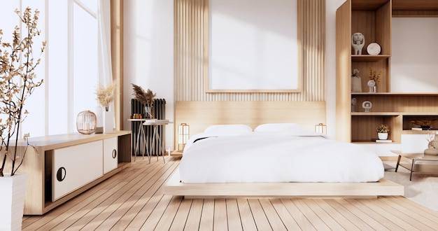 Intérieur élégant et minimaliste d'une chambre en bois moderne avec un lit confortable. Rendu 3D