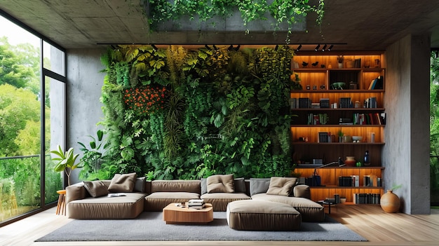 Intérieur élégant avec des plantes Salon confortable avec un mur vert