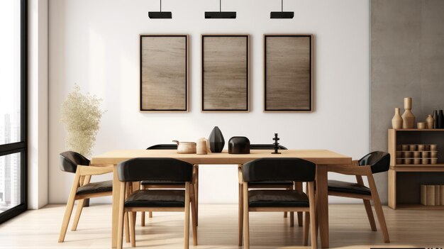 Intérieur élégant de la salle à manger à aire ouverte dans un appartement moderne Table en bois avec chaises design Fleurs séchées dans un vase Modèles d'affiches de décoration intérieure sur le mur Rendu 3D maquette