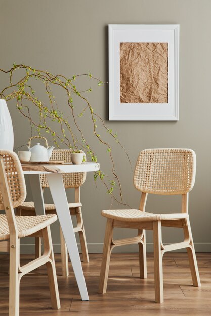 Intérieur élégant de la salle à manger dans une maison confortable avec cadre blanc, chaises design, table familiale, théière, tasses, décoration et accessoires personnels élégants dans un décor moderne.