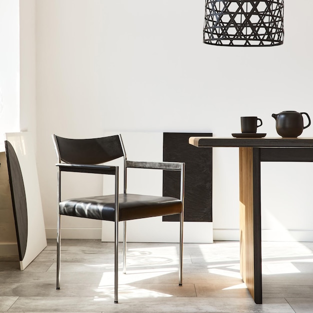 Intérieur élégant de la salle à manger avec table familiale en bois design, chaises noires, théière avec tasse, maquettes de peintures d'art au mur et accessoires élégants dans un décor moderne. Modèle.