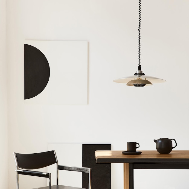 Intérieur élégant de la salle à manger avec table familiale en bois design, chaises noires, théière avec tasse, maquettes de peintures d'art au mur et accessoires élégants dans un décor moderne. Modèle.