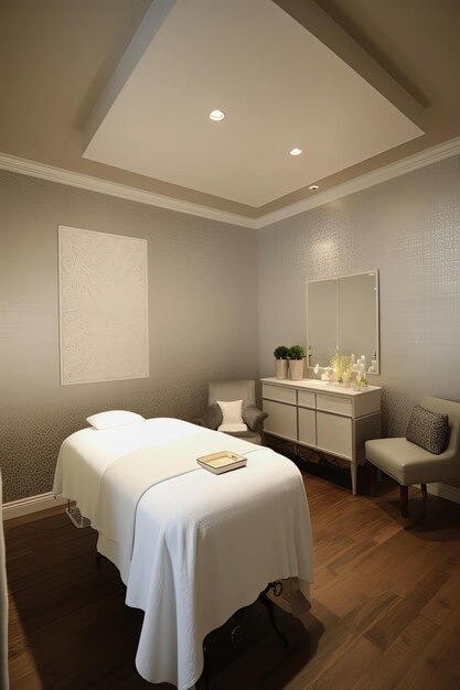 Intérieur élégant de la salle de spa avec table de massage et décor élégant