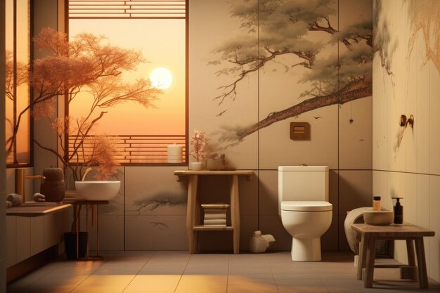 Intérieur élégant Des Toilettes Avec Cuvette De Toilette Salle De Bain Avec  Lumière Du Soleil Du Matin Dans La Fenêtre