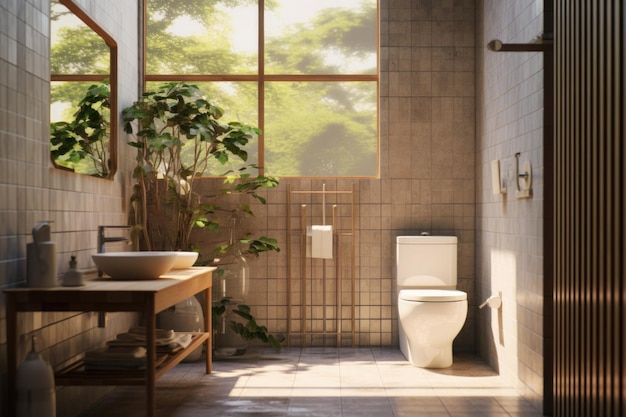 Intérieur élégant des toilettes avec cuvette de toilette Salle de bain avec lumière du soleil du matin dans la fenêtre