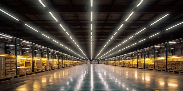 Intérieur d'entrepôt avec éclairage LED, bâtiment de l'industrie, centre de distribution et de vente au détail