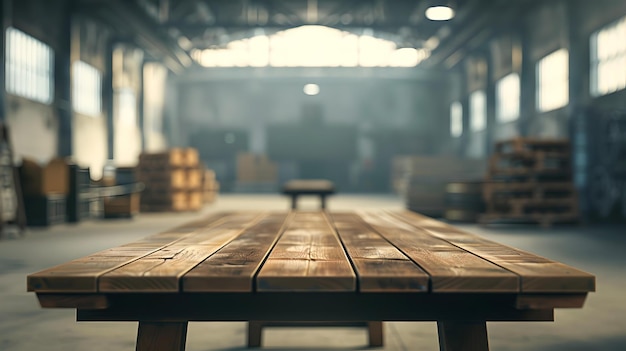 Photo un intérieur d'entrepôt en focus doux avec la lumière du soleil mettant en valeur une table en bois vide comme thème industriel au premier plan atmosphère sereine ai