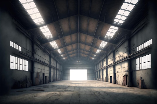 À l'intérieur d'un entrepôt ou d'un hangar vide avec une grande structure pour un arrière-plan industriel