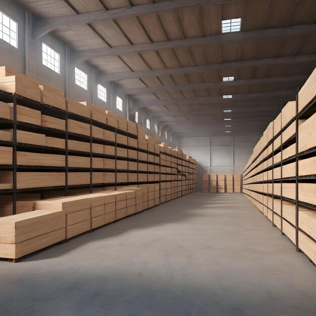 L'intérieur d'un entrepôt spacieux rempli de palettes de bois à la lumière du jour