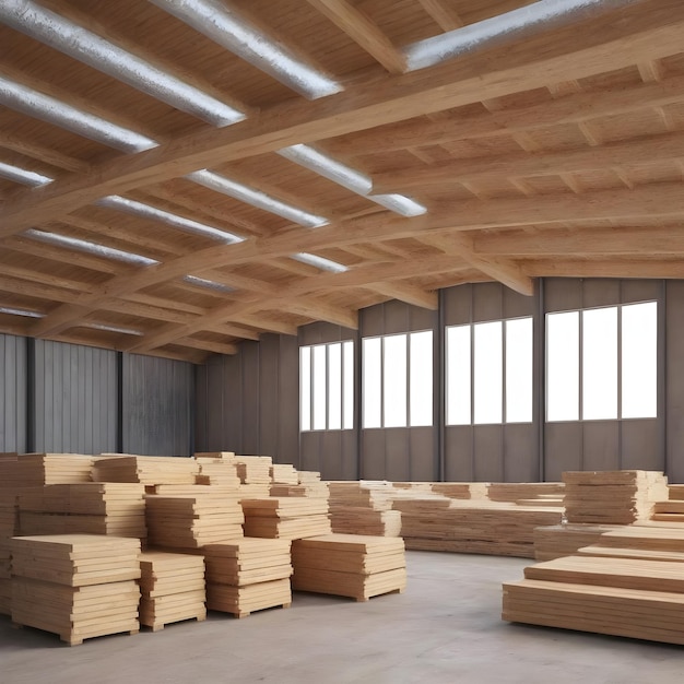 L'intérieur d'un entrepôt spacieux rempli de palettes de bois à la lumière du jour