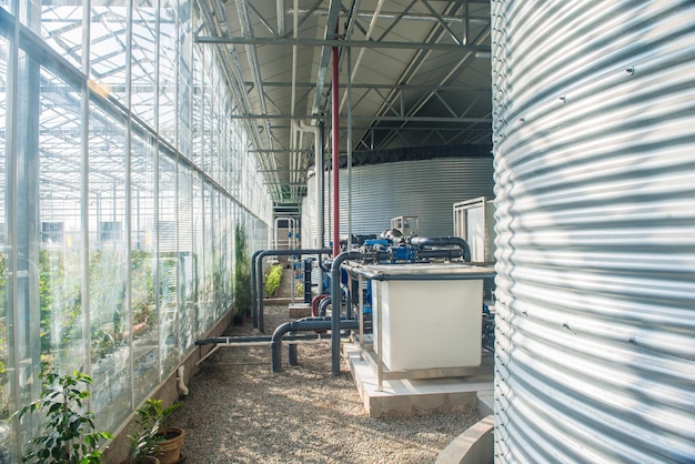 Intérieur et équipement avec canalisations et réservoir d'eau dans une serre moderne