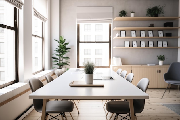 Intérieur de l'espace de bureau avec table et chaises windows créées à l'aide de la technologie générative ai