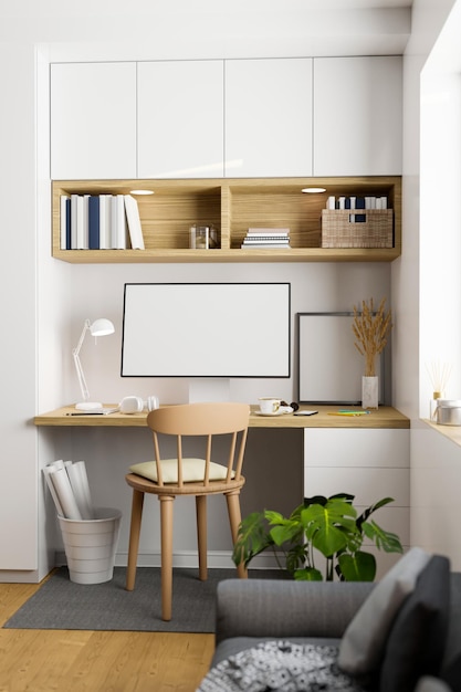 Intérieur d'espace de travail scandinave nordique minimal avec ordinateur sur mur blanc de table en bois