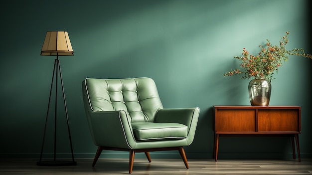 Intérieur avec fauteuil contre un mur vert vide