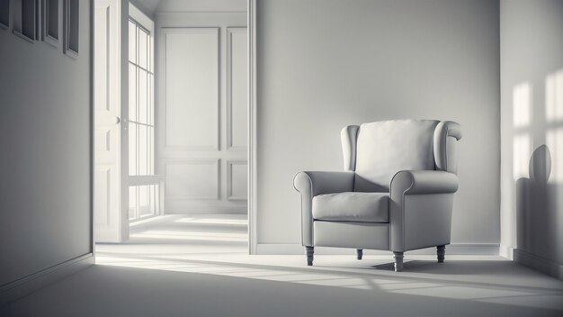L'intérieur a un fauteuil sur un fond blanc vide sur le mur.