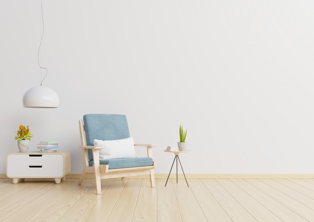 L&#39;intérieur a un fauteuil sur fond de mur blanc vide, rendu 3D