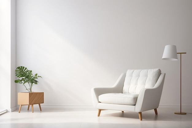 L'intérieur a un fauteuil sur un mur blanc vide