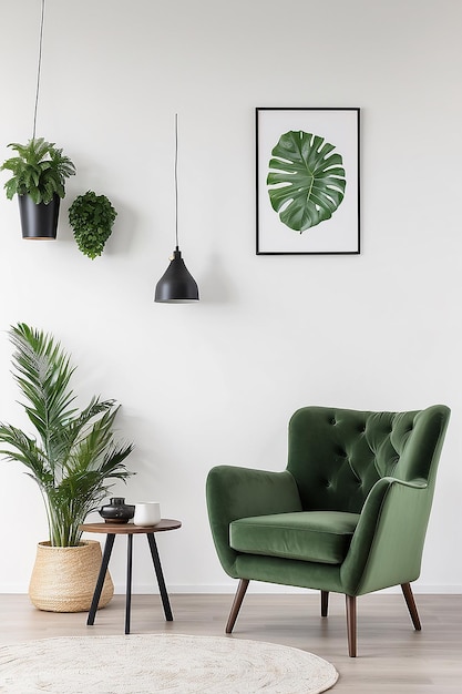Photo intérieur avec fauteuil en velours vert dans le salon avec mur blanc