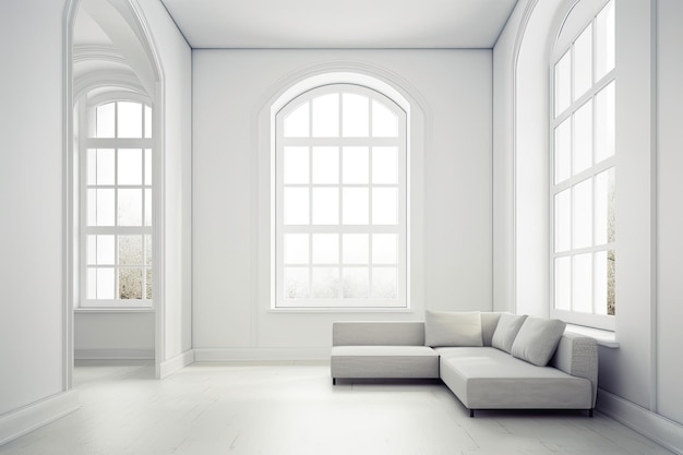 Intérieur fenêtré d'une maison Canapé blanc dans une pièce vide conçue pour une notion architecturale