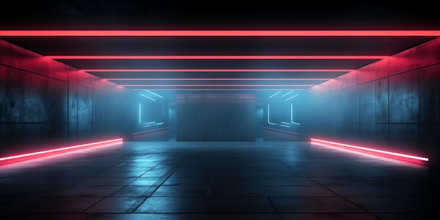 Intérieur de fond de hall néon sombre d'une pièce futuriste avec lumière violette rouge et bleue Couloir vide moderne avec murs en béton Concept de scène de studio futur spectacle et design de l'industrie IA générative