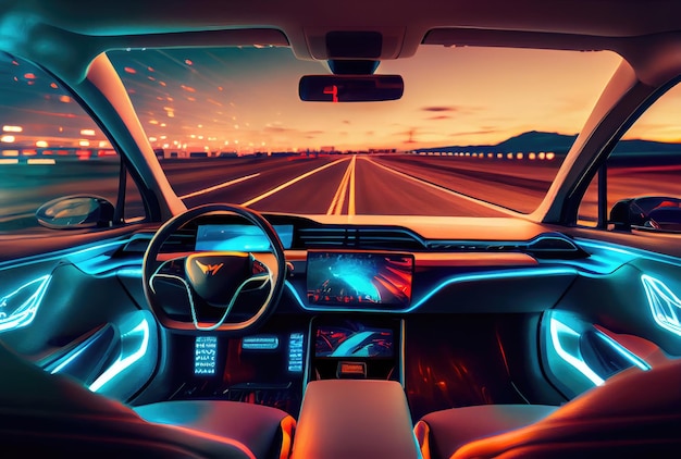À l'intérieur de la future voiture sur la route avec ciel coucher de soleil en arrière-plan de la scène urbaine Concept de technologie et de transport AI générative