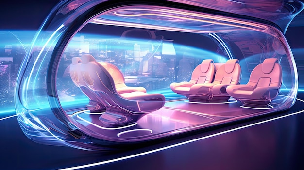 Photo intérieur futuriste d'aéroglisseur avec des sièges iridescents, des murs translucides et des lumières led pulsantes