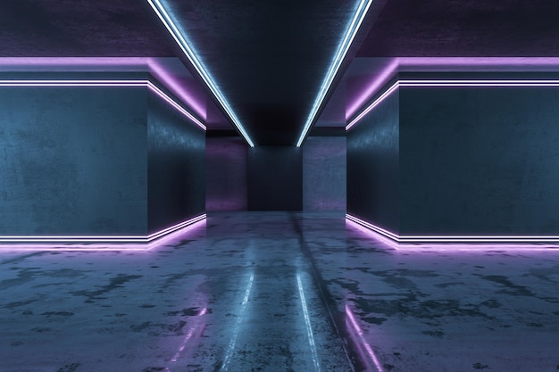 Intérieur futuriste du couloir de l'espace avec des lumières violettes Concept de technologie et d'architecture Rendu 3D
