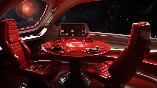 L'intérieur futuriste du vaisseau spatial Red Garnet est une fusion d'imagination et de design.