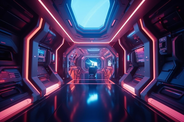 Un intérieur futuriste avec une lumière rouge et un plafond bleu.