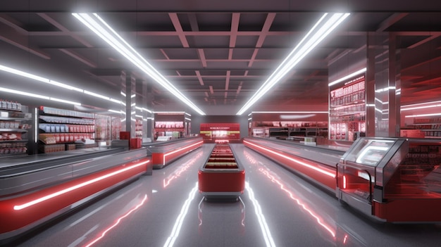 Un intérieur futuriste d'un magasin avec des lumières rouges et une barre rouge.