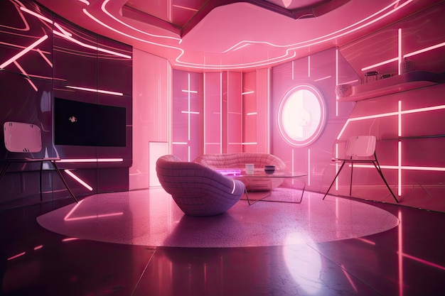 Intérieur futuriste rose avec mobilier flottant et projections holographiques