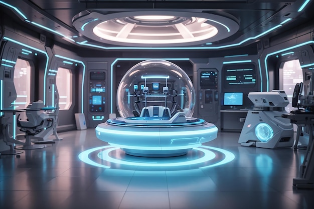 Intérieur futuriste de la salle de recherche scifi avec rendu 3d de la machine à hologrammes