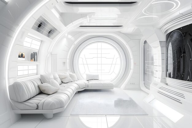 L'intérieur futuriste de la salle de séjour dans le style d'une station spatiale blanche