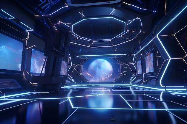 Un intérieur futuriste avec une sphère bleue et une planète sur le dessus.