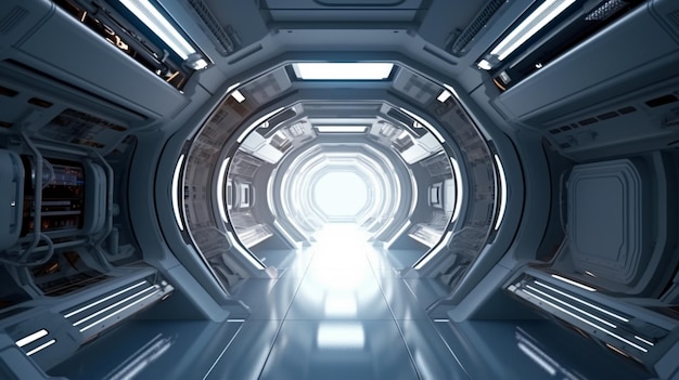 Intérieur futuriste d'une station spatiale avec une vue sur l'intérieur de la navette spatiale Earth Spaceship Corridor