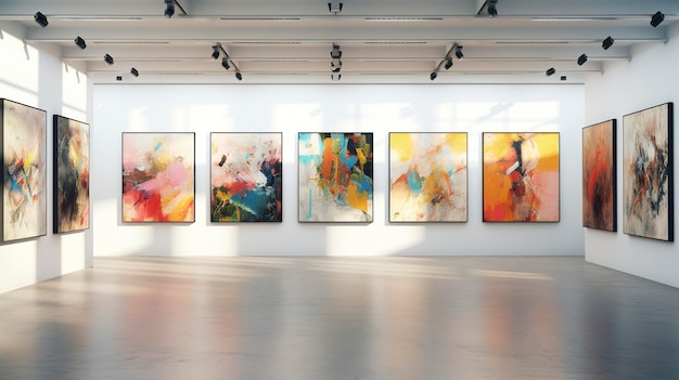 L'intérieur d'une galerie d'art moderne avec des peintures abstraites vibrantes exposées sur des murs blancs