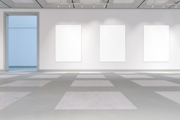 Intérieur de la galerie en béton moderne avec maquette blanche vide affiches rendu 3D