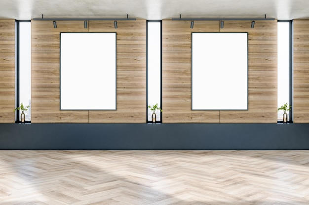Intérieur de galerie en bois moderne avec des plantes décoratives de fenêtres design et une maquette blanche vide affiche sur le mur Exposition et concept d'art Rendu 3D