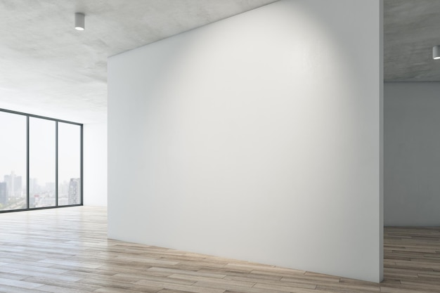 Intérieur de la galerie contemporaine avec maquette sur mur de béton blanc, parquet et fenêtre avec vue sur la ville Concept de musée ou d'appartement Rendu 3D