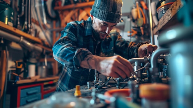 À l'intérieur d'un garage, un amateur de bricolage bricole le fonctionnement interne d'un kit de biocarburant en examinant le