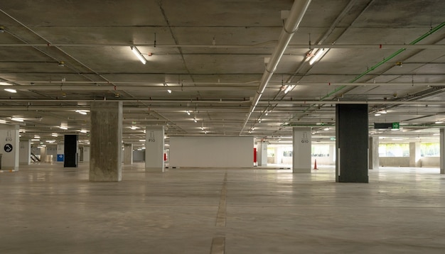 Intérieur de garage de stationnement de ciment vide et panneau de sortie signe de flèche dans le garage de stationnement intérieur bâtiment industriel ou supermarché.