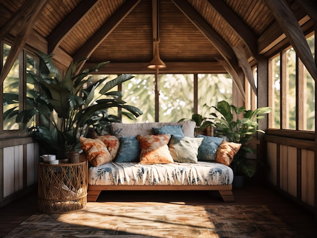 Intérieur de gazebo de loft confortable avec des meubles élégants Génération d'IA