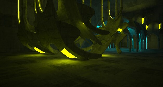 Intérieur Gothique SciFi Futuriste En Béton Abstrait Avec Tubes Néons Rougeoyants Colorés 3D