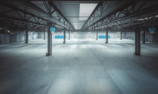 Photo À l'intérieur d'un grand entrepôt vide avec un sol en béton