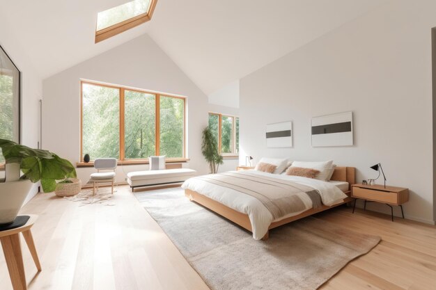 L'intérieur d'une grande chambre à coucher moderne et lumineuse avec un plafond élevé et des fenêtres