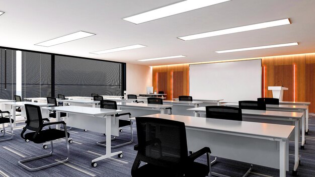 Intérieur d'une grande salle de formation de bureau moderne avec écran pour présentation