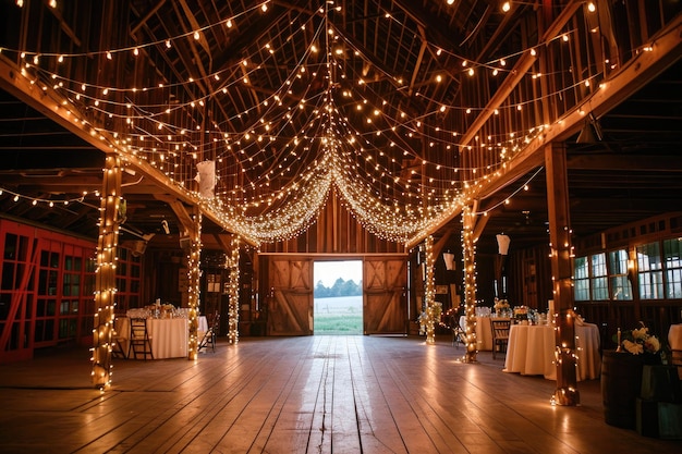 L'intérieur d'une grange ornée de lumières de fées, de fleurs et de détails rustiques pour une célébration de mariage.