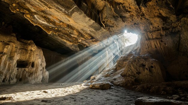 Photo l'intérieur de la grotte est éclairé par la lumière du soleil provenant du plafond.