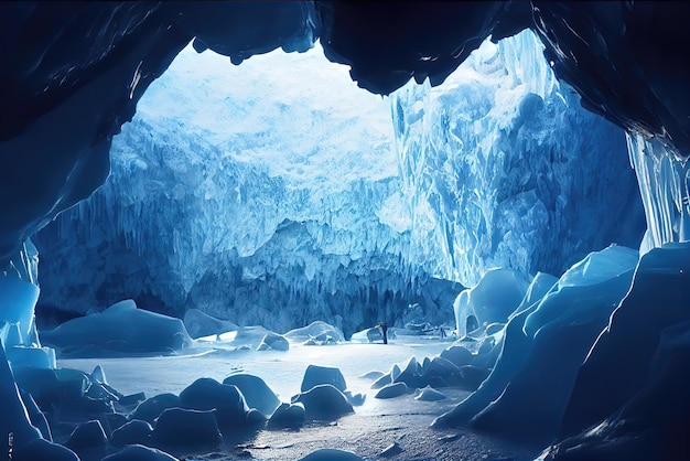 À l'intérieur d'une grotte glaciaire d'un ancien galion gelé