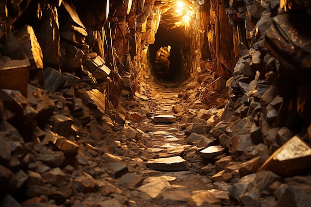 L'intérieur d'une grotte de montagne avec des dépôts d'or.